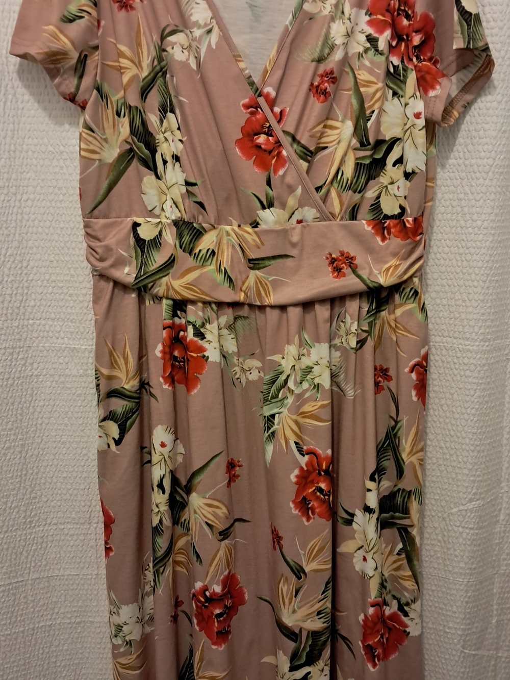 Blush Floral Wrap Midi Dress with Red & Cream Blooms